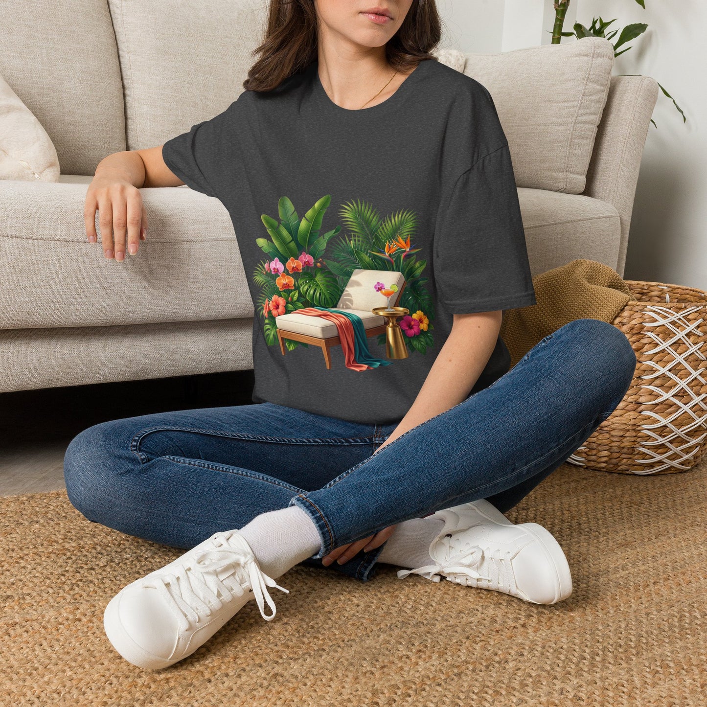 Tropical Lounge T-Shirt — Cozy Chair & Palm Floral Graphic Tee