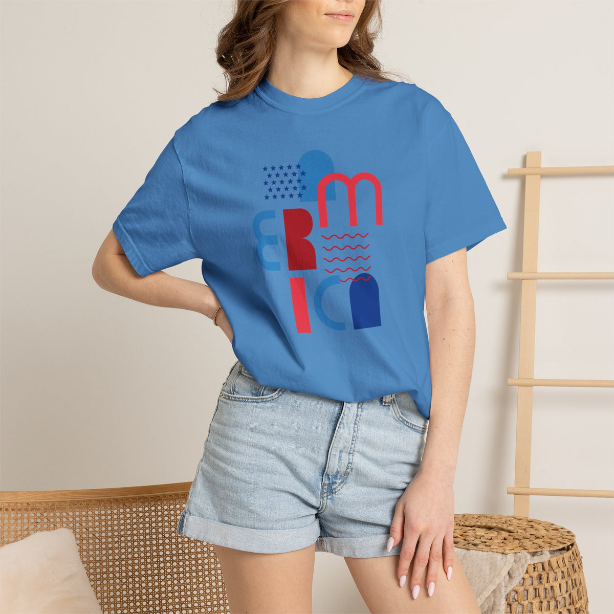 T-Shirt — Abstract 'America' Graphic Tee (Red & Blue Geometric Design)
