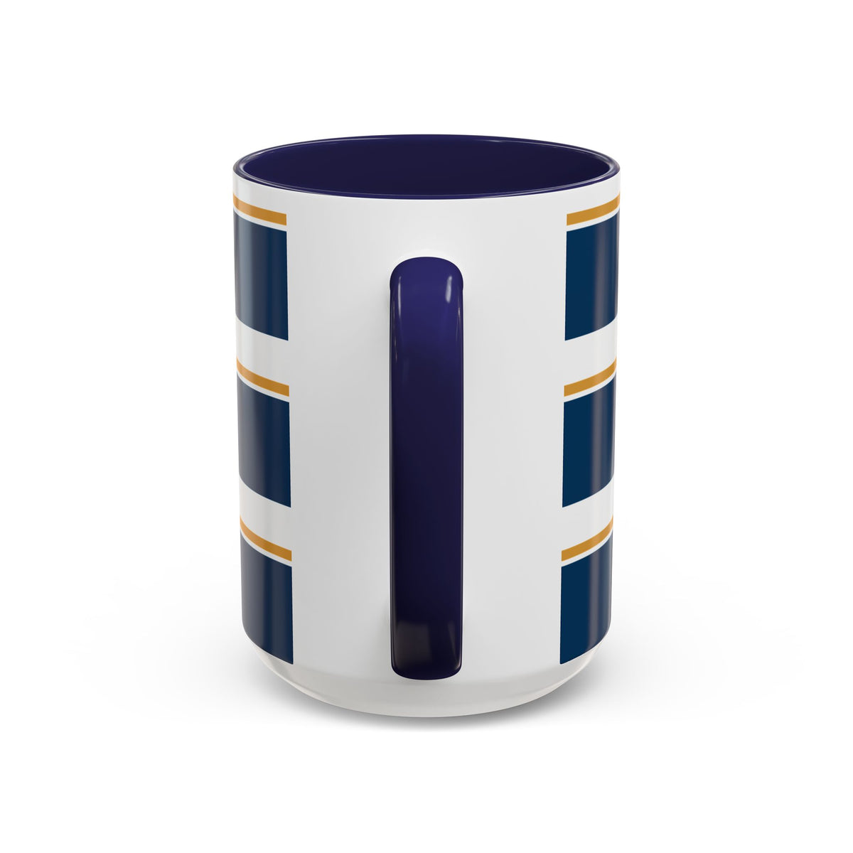Navy and Gold Striped Accent Mug — White Ceramic