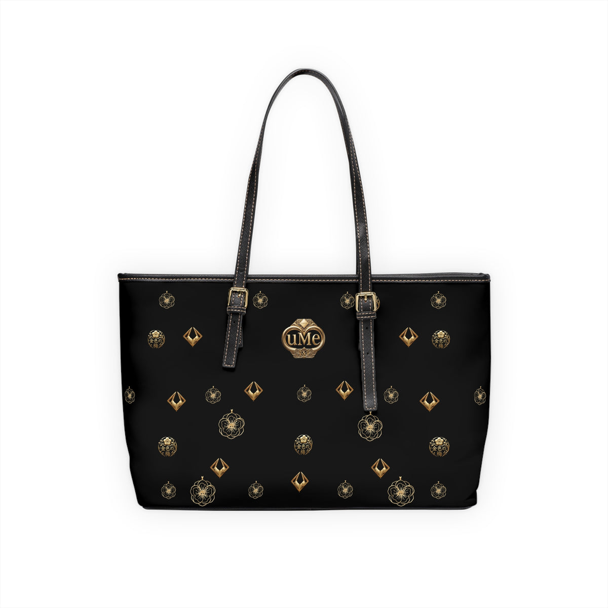 Monogrammed Black PU Shoulder Bag — Gold uMe Pattern Tote for Everyday Use