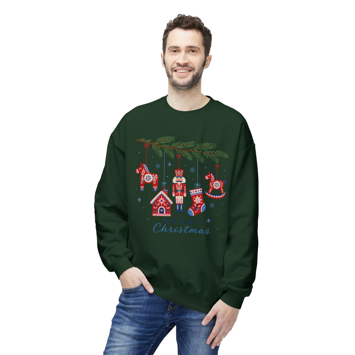 Merry Christmas Scandinavian Folk Art Crewneck Sweatshirt — White, Red & More