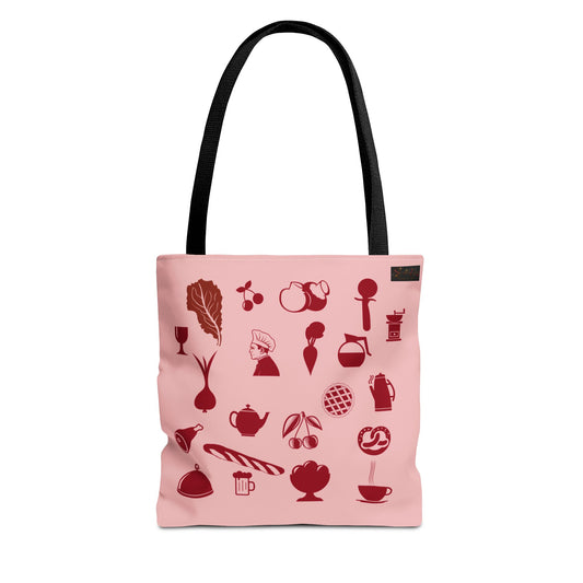 Kitchen Icons Tote Bag — Blush Pink Café & Food Pattern Tote