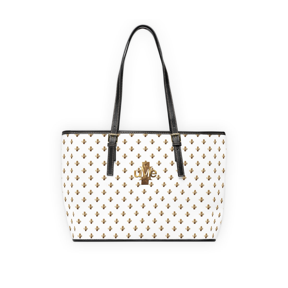 White PU Leather Shoulder Tote — Gold uMe Cross Logo Handbag