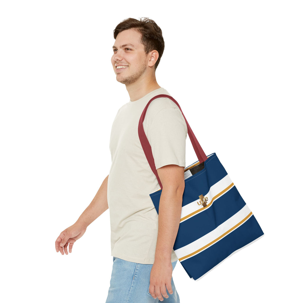 LIVE Cross Tote Bag — Navy & White Stripes with Gold Motif