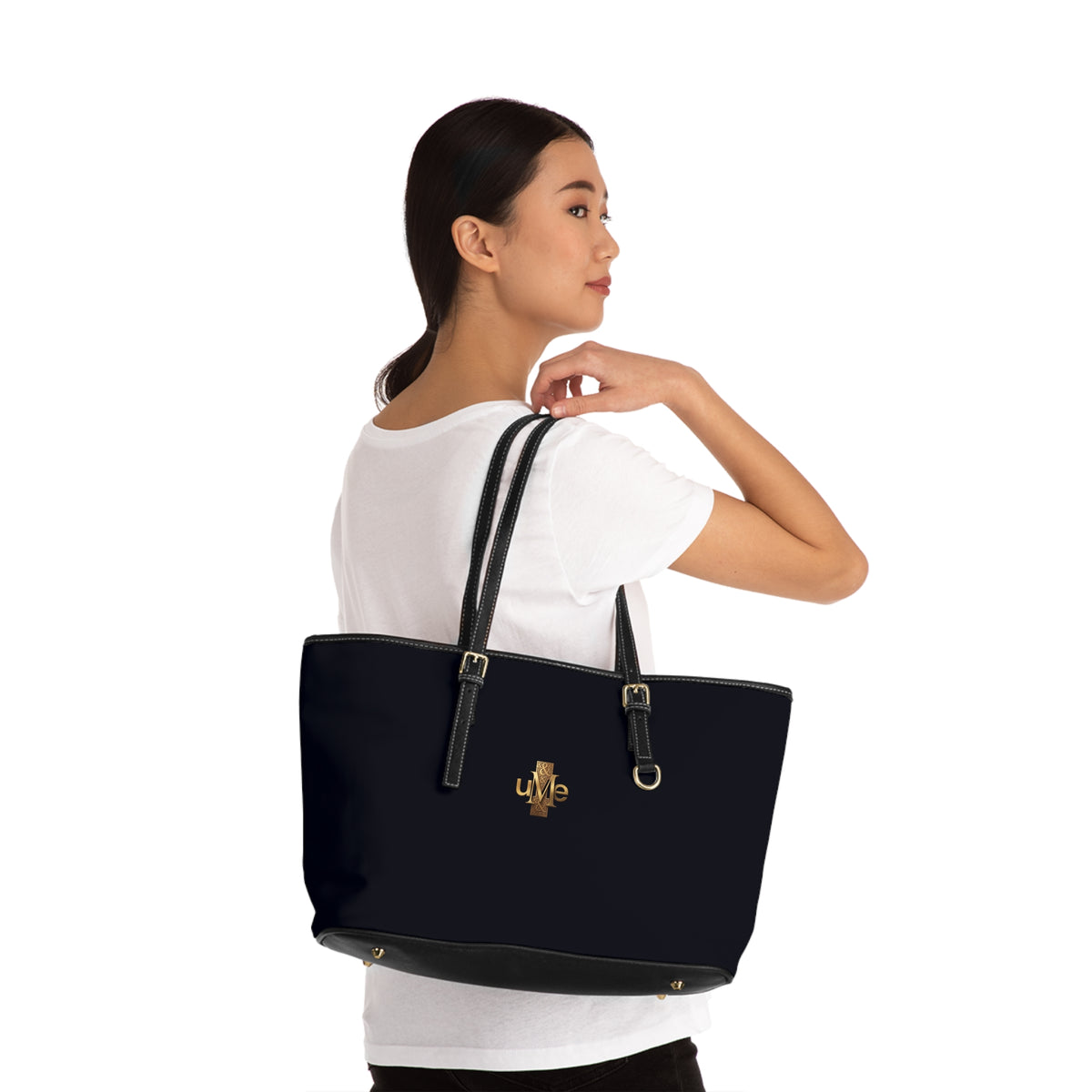 Black PU Leather Shoulder Bag with Gold Cross Logo — Elegant Tote for Everyday & Church