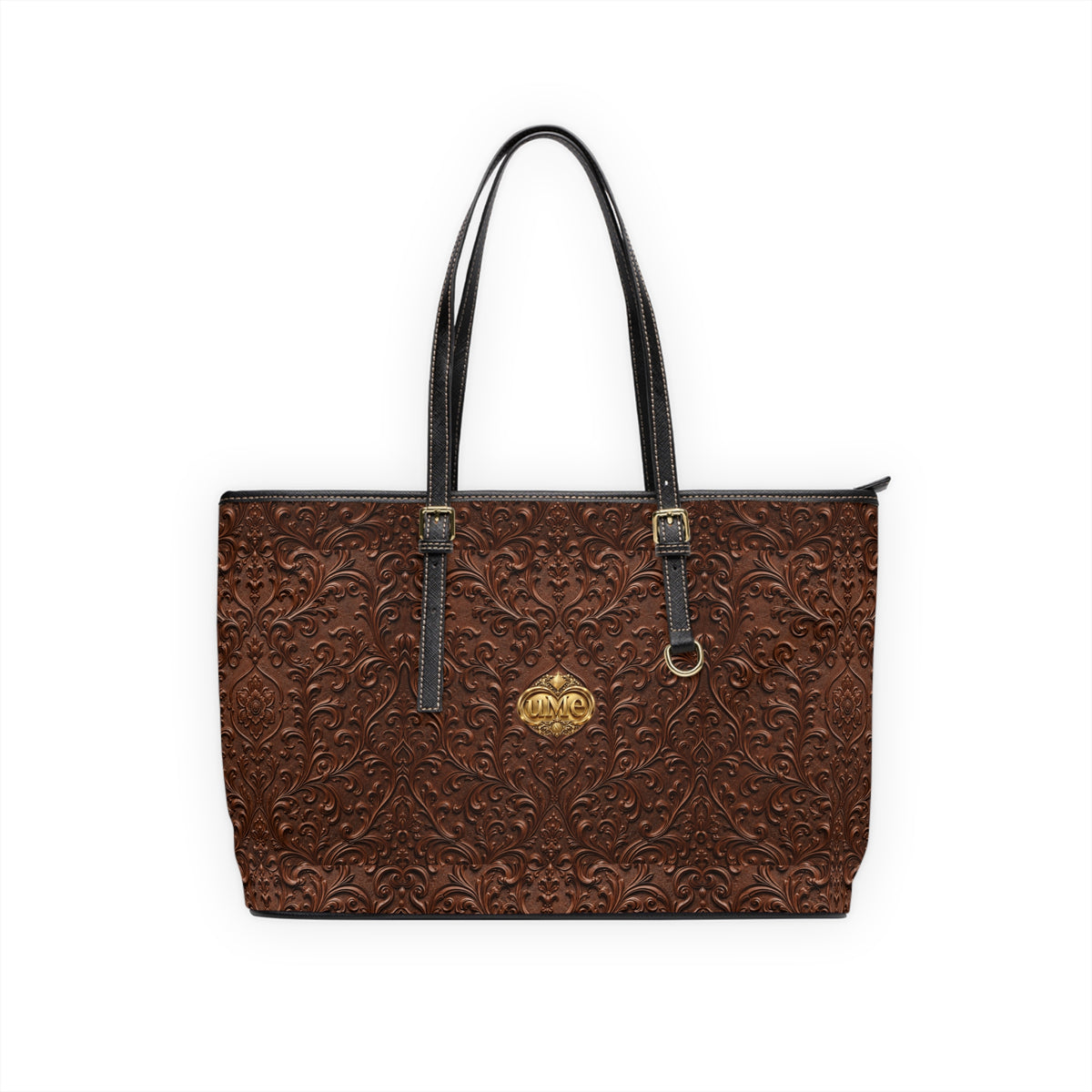 Chestnut Brown UME Shoulder Tote — PU Faux Leather Gold Crest Scroll Print