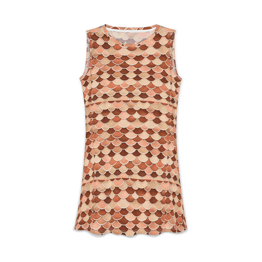 Sleeveless Scallop Print Dress — Retro Peach & Terracotta AOP Casual Dress