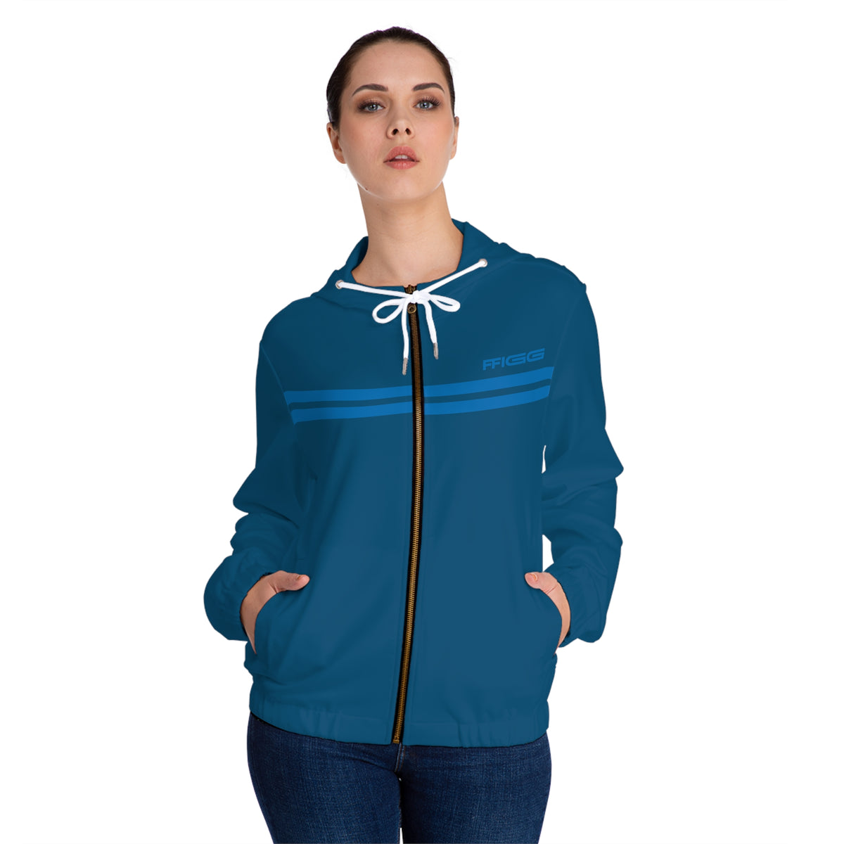 Women’s FFiGG Full-Zip Hoodie — Deep Blue Stripe All-Over Print