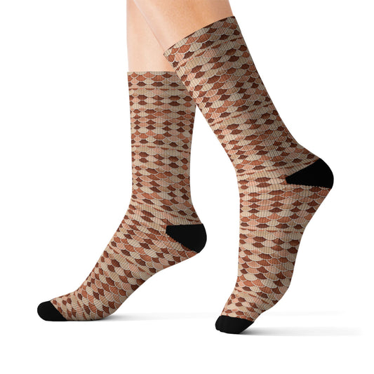 Earth Tone Mermaid Scale Socks — Brown Scallop Print Crew Socks