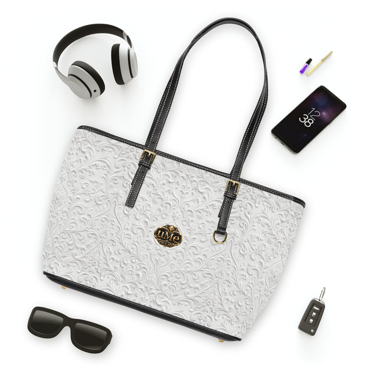 White UME Gold Crest Shoulder Tote — PU Faux Leather Scroll Print