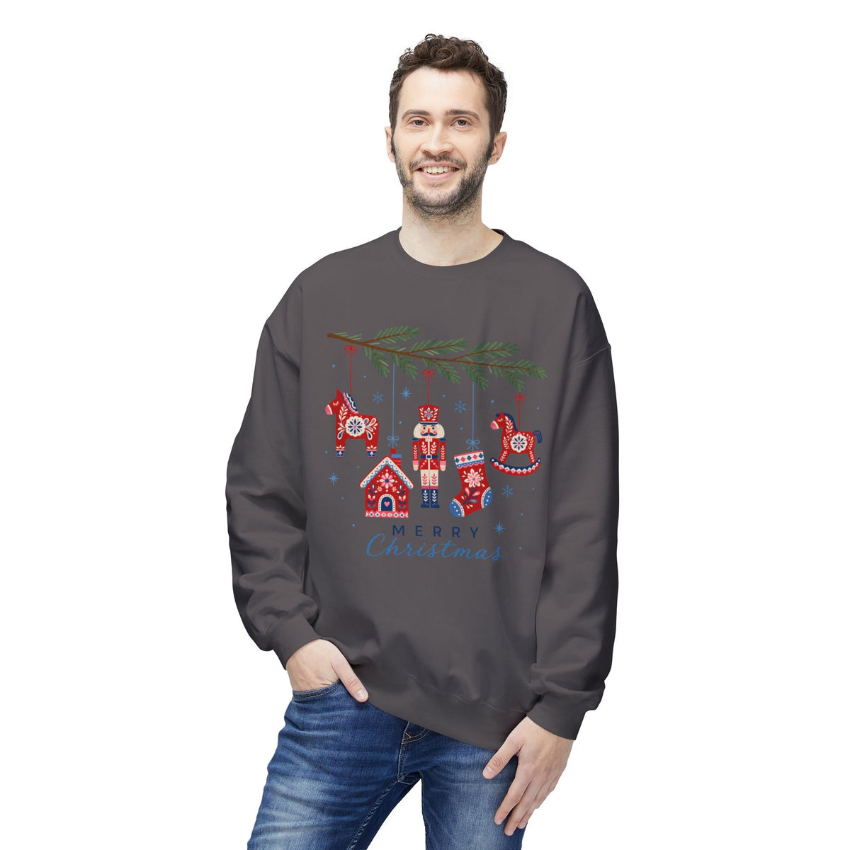 Merry Christmas Scandinavian Folk Art Crewneck Sweatshirt — White, Red & More