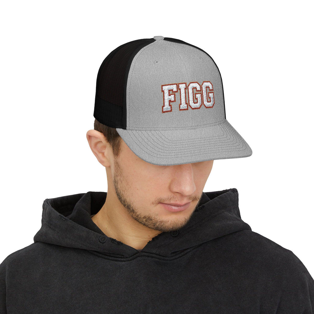 FFiGG Embroidered Vintage Trucker Cap — Black, Grey & Loden