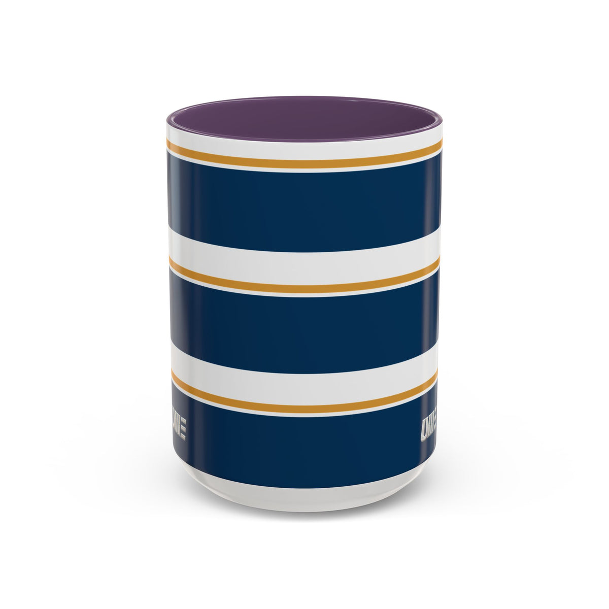 Navy and Gold Striped Accent Mug — White Ceramic