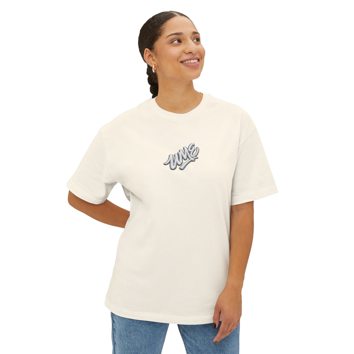 UME Script Logo Boxy Tee — White Oversized Graphic T-Shirt