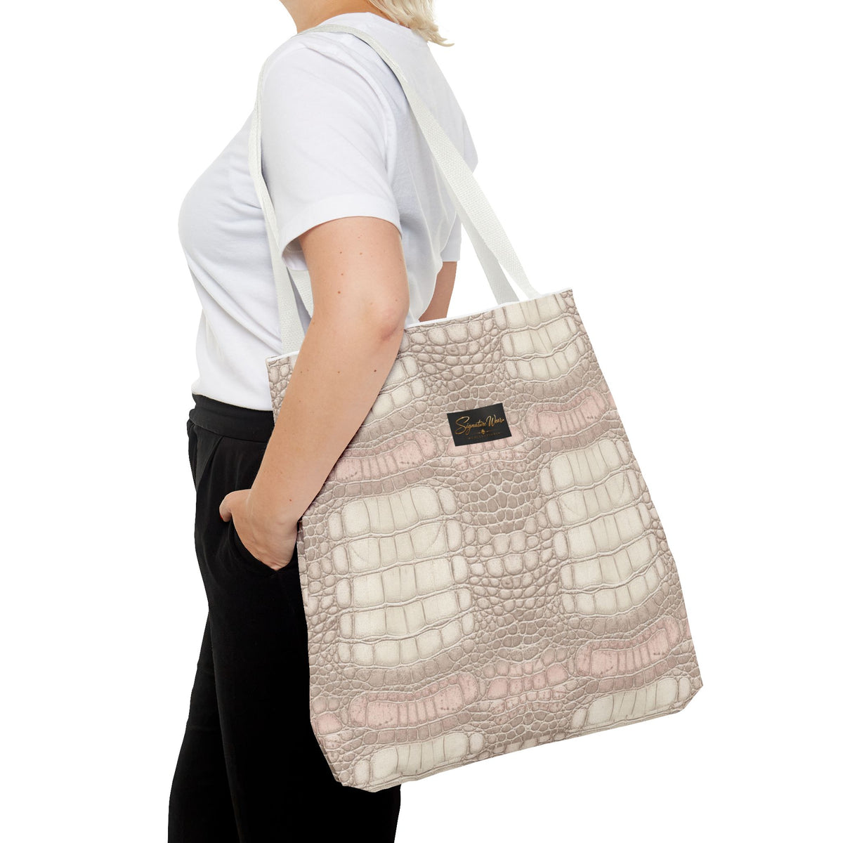Croc Emboss Tote Bag — Blush Pink Crocodile Texture AOP Tote