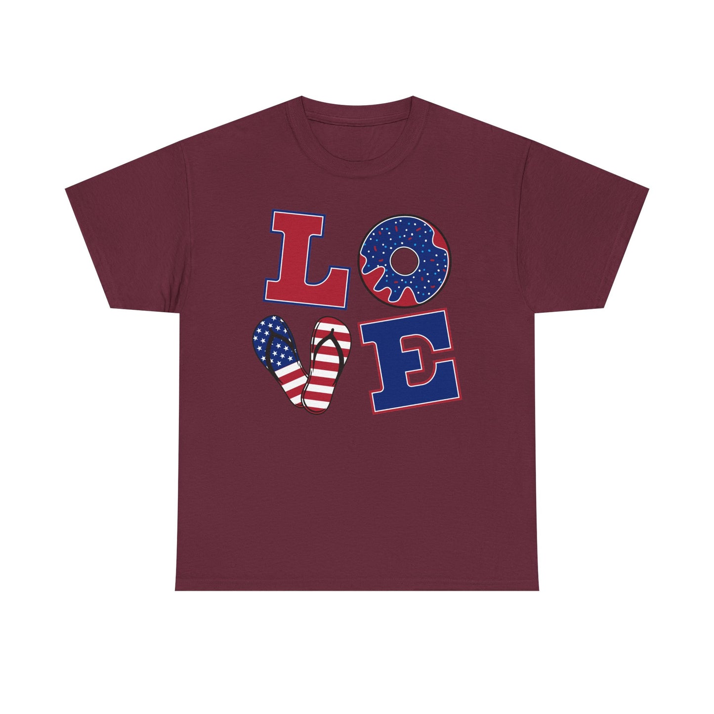 Patriotic "LOVE" Tee – American Flag Donut Heart 4th of July Shirt