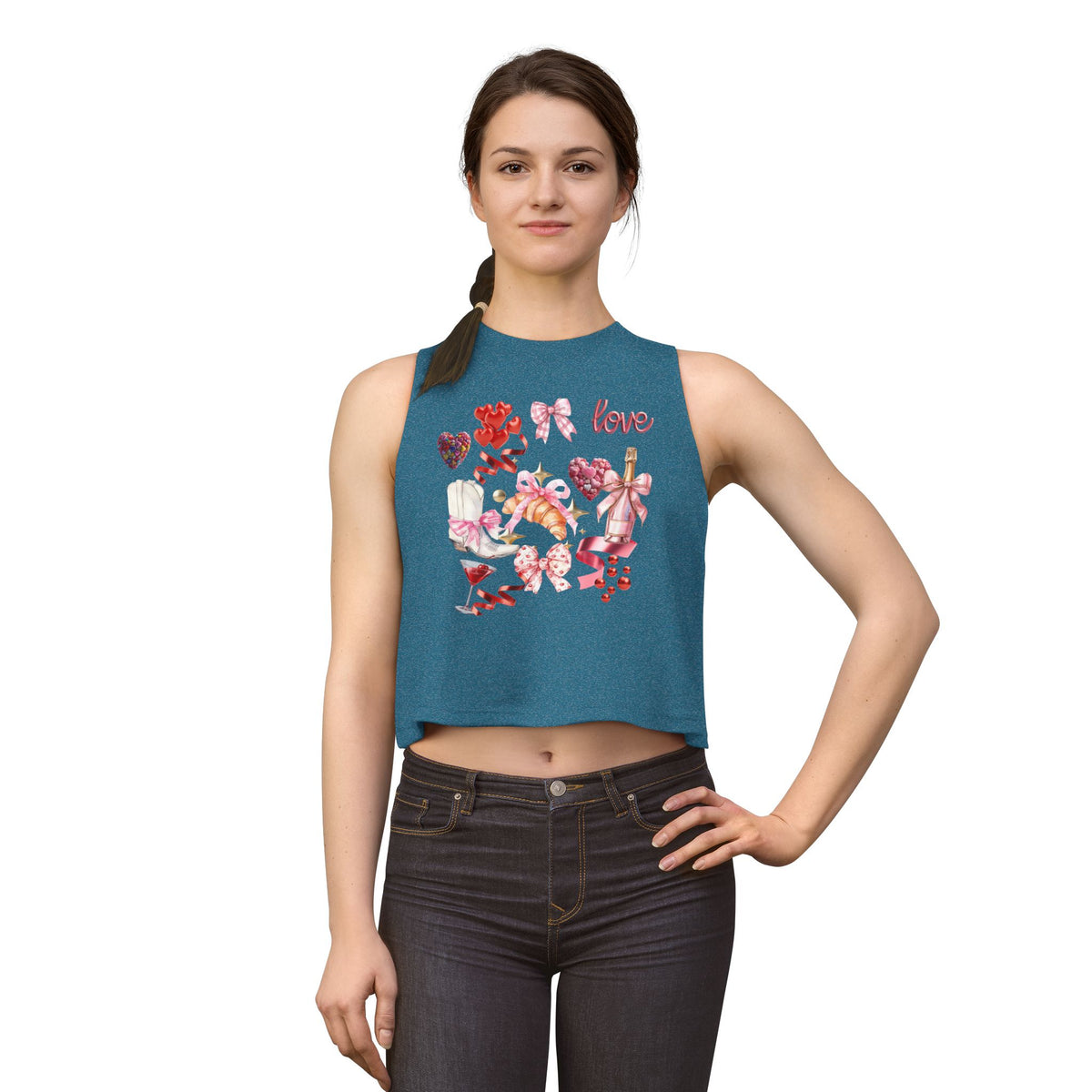 Valentine's Love Collage Crop Top — Women's Romantic Heart & Champagne Graphic