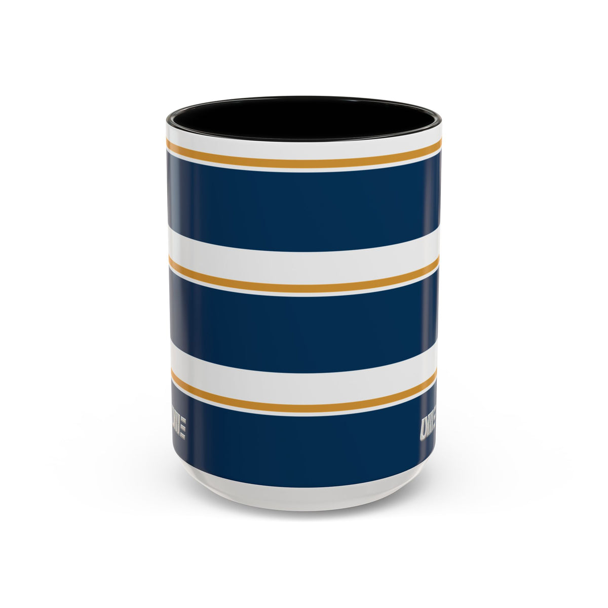 Navy and Gold Striped Accent Mug — White Ceramic