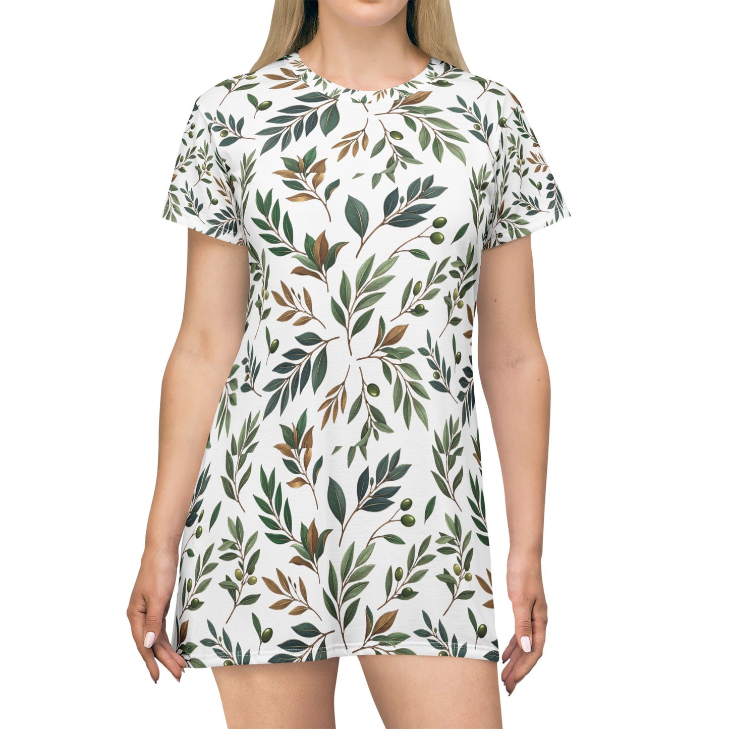 Botanical Leaf T-Shirt Dress — All-Over Print Floral Summer Dress