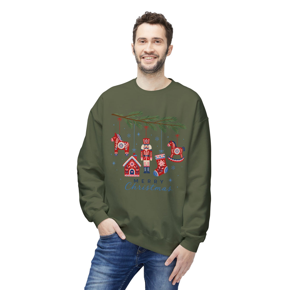 Merry Christmas Scandinavian Folk Art Crewneck Sweatshirt — White, Red & More
