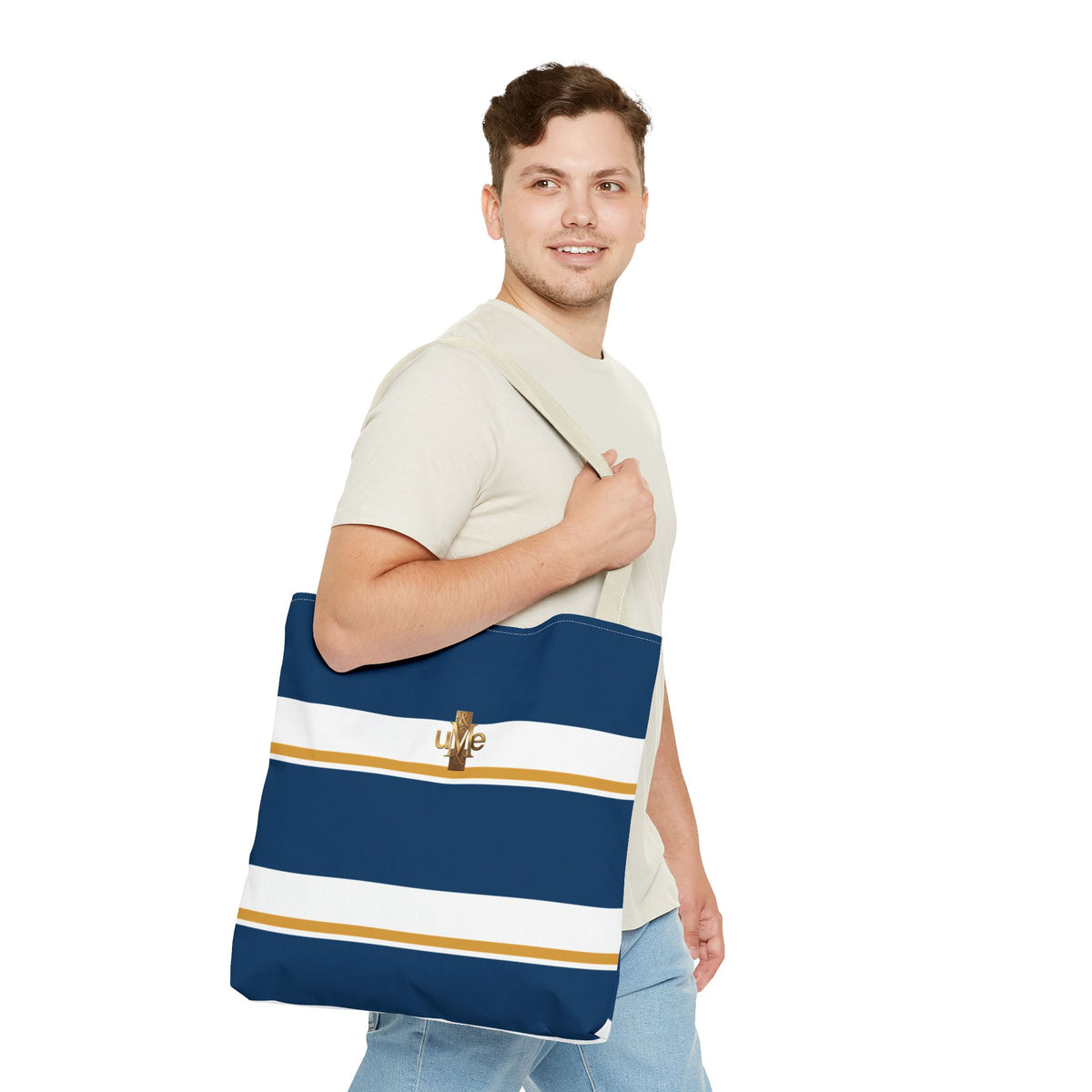 LIVE Cross Tote Bag — Navy & White Stripes with Gold Motif