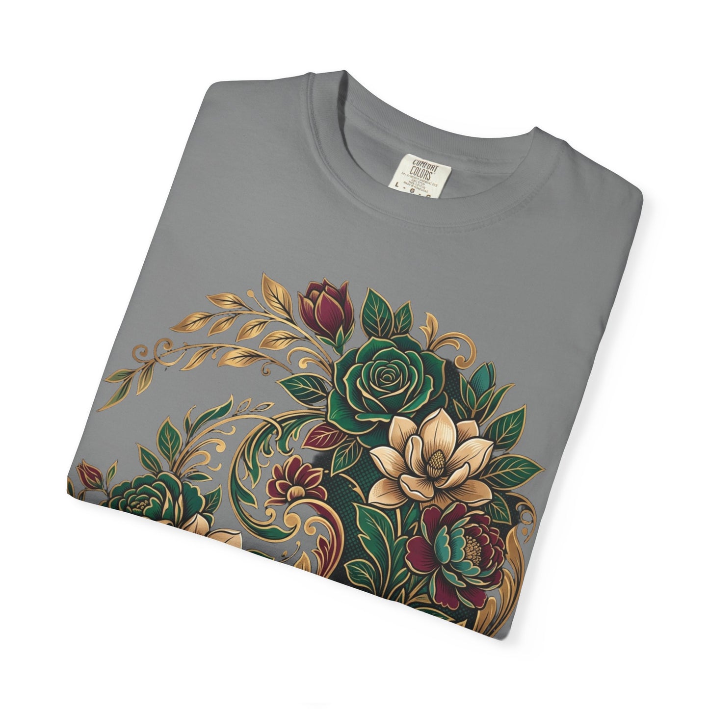 Floral Yin Yang T-Shirt — Vintage Green & Gold Rose Graphic Tee