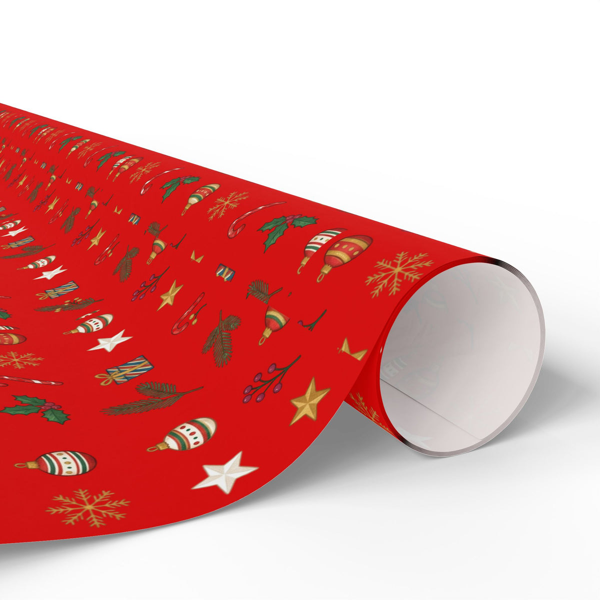 Christmas Wrapping Paper Roll — Red Holiday Ornaments Pattern