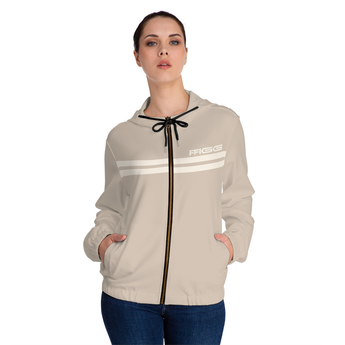 Women’s Full-Zip Hoodie with Retro Stripe Design — Sand Beige All-Over Print