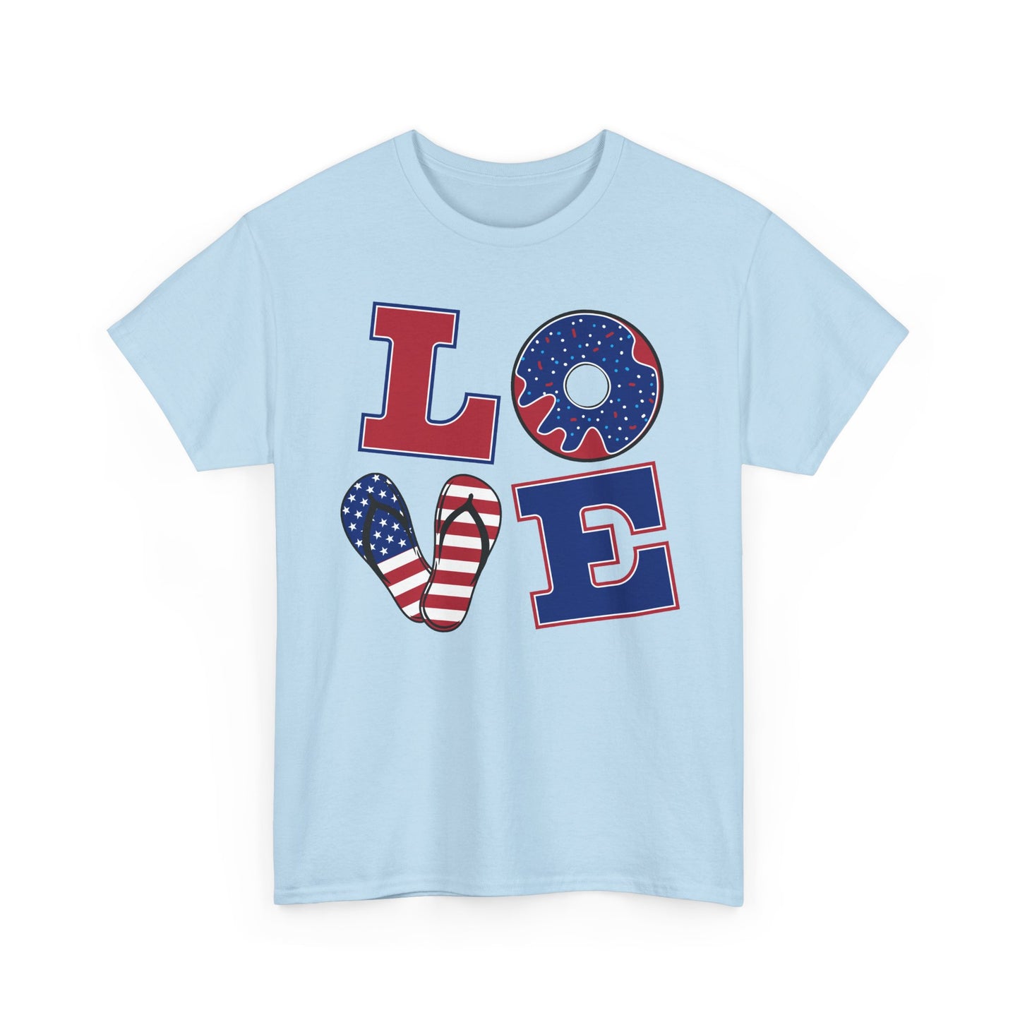Patriotic "LOVE" Tee – American Flag Donut Heart 4th of July Shirt