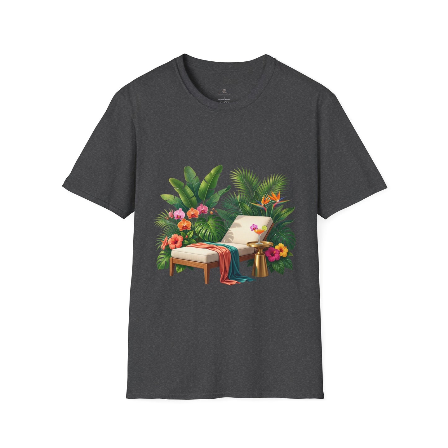 Tropical Lounge T-Shirt — Cozy Chair & Palm Floral Graphic Tee