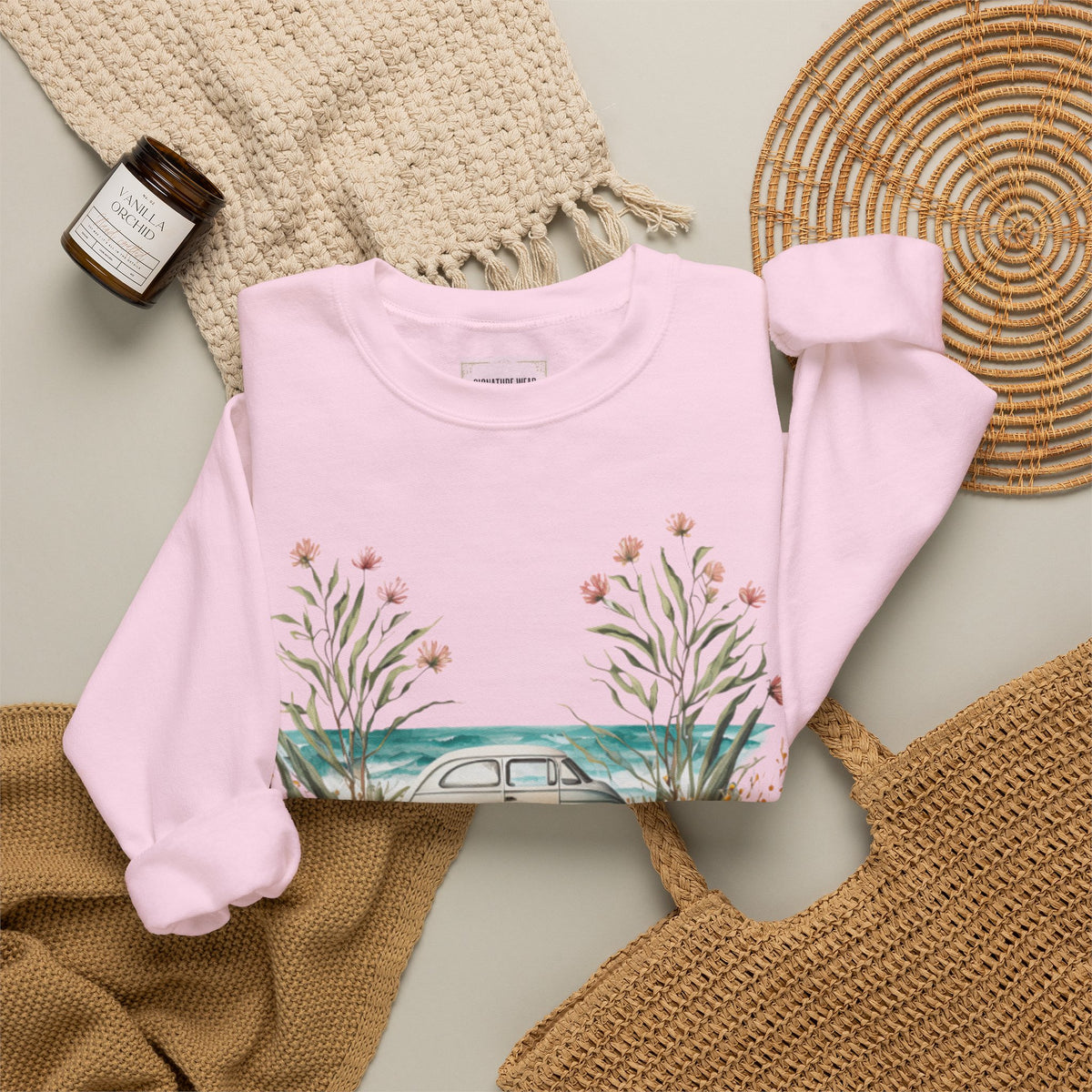 Vintage Camper Crewneck Sweatshirt — Floral VW Van Roadtrip Design