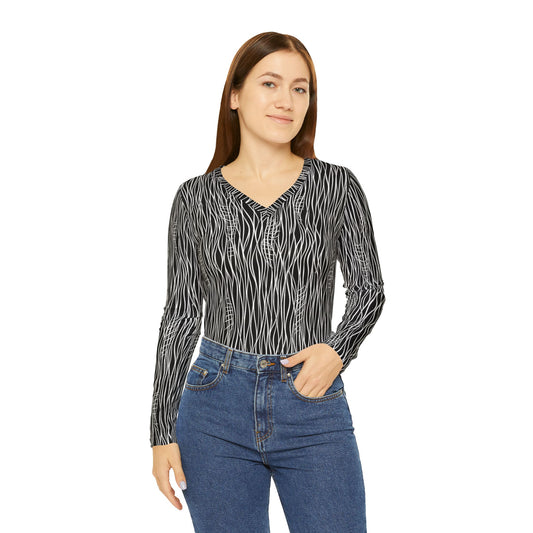 V-Neck Long Sleeve Top — Monochrome Wavy Line All-Over Print