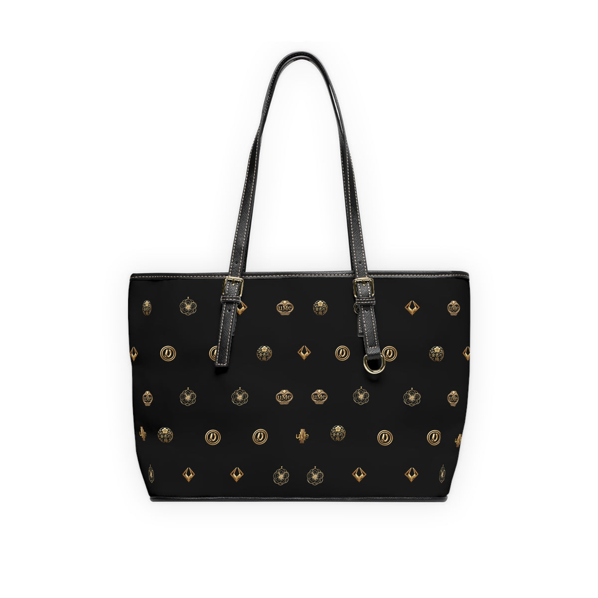 Black Monogram PU Leather Shoulder Bag — Gold Emblem Print Luxe Tote