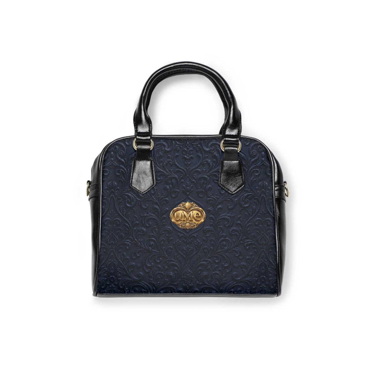 Navy UME Gold Crest Shoulder Handbag — Faux Leather Scroll Print