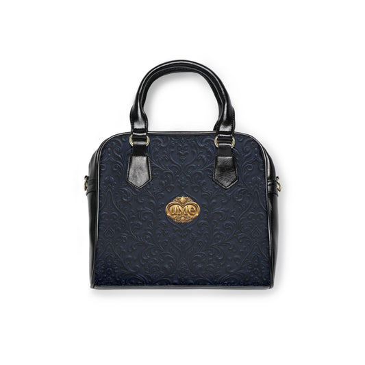 Navy UME Gold Crest Shoulder Handbag — Faux Leather Scroll Print