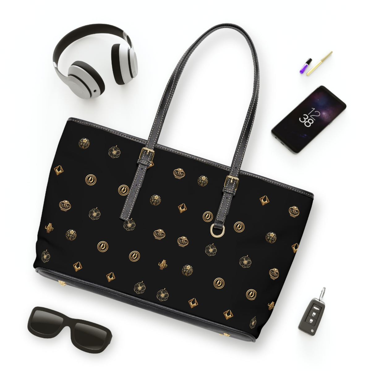 Black Monogram PU Leather Shoulder Bag — Gold Emblem Print Luxe Tote