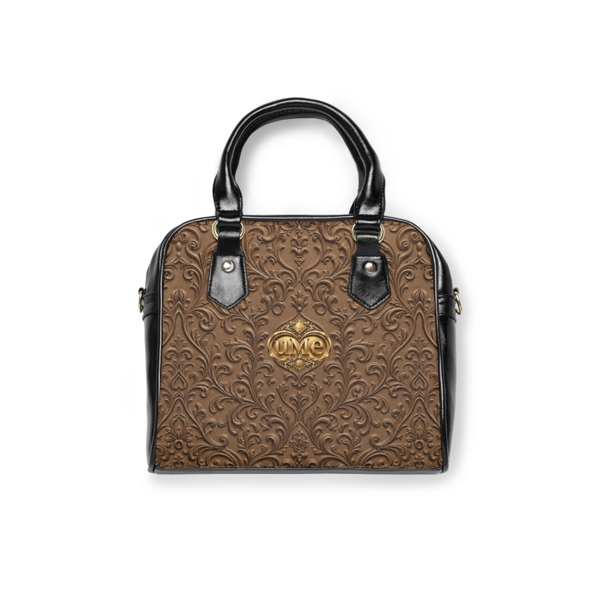 Brown UME Gold Crest Shoulder Handbag — Faux Leather Scroll Print