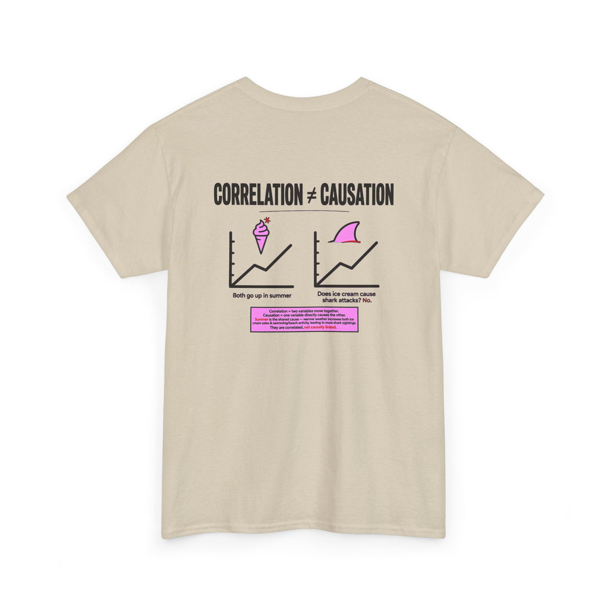 Correlation ≠ Causation Graphic Tee — White, Blue, Pink, Yellow & Neutral Bases