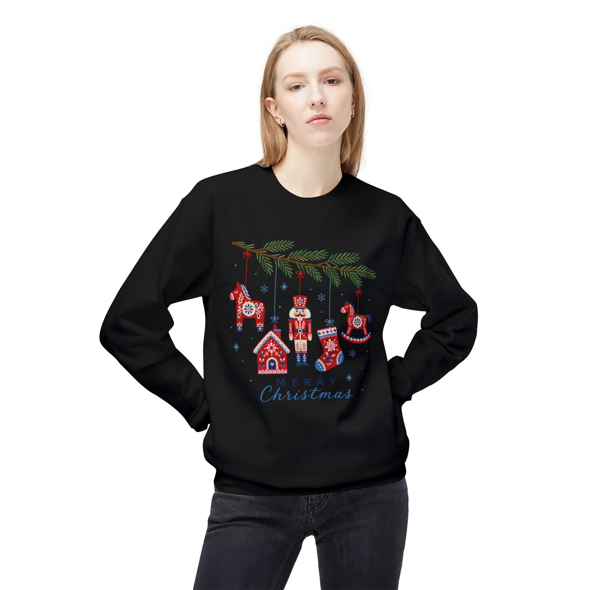 Merry Christmas Scandinavian Folk Art Crewneck Sweatshirt — White, Red & More