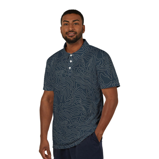 Men's Dark Blue Topographic Polo Shirt — AOP Smart Casual Collared Shirt