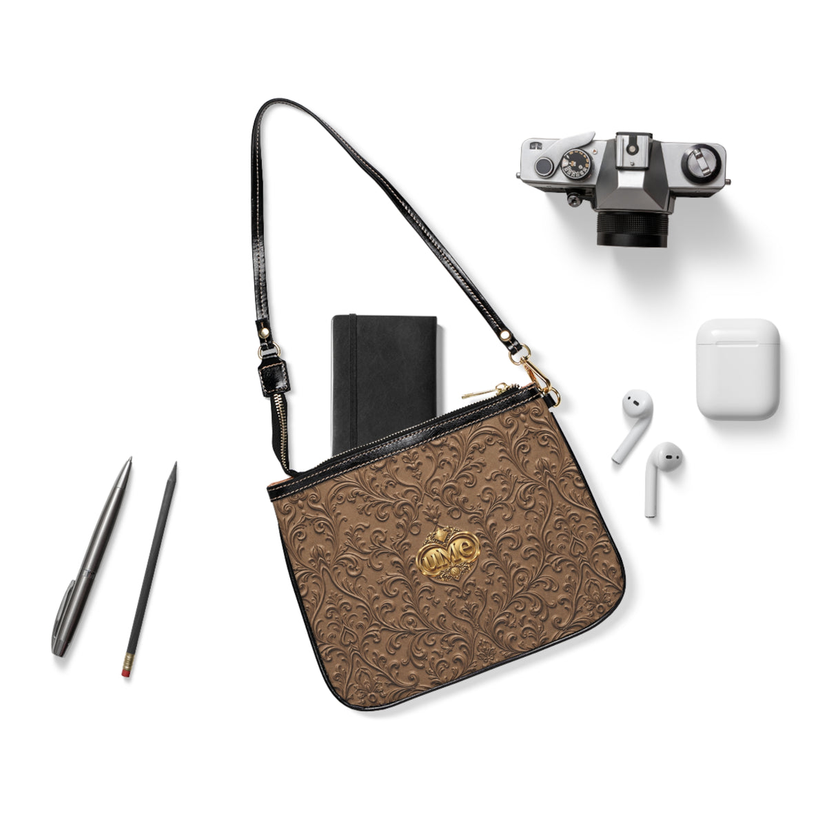 Brown UME Gold Crest Small Shoulder Bag — Faux Leather