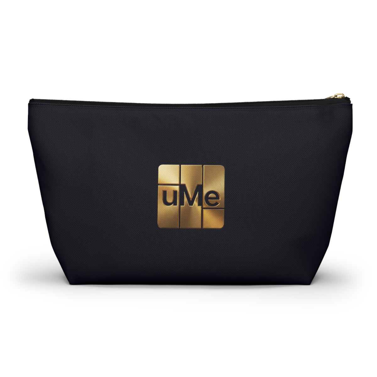 Gold uMe Logo Accessory Pouch — Black T‑Bottom Makeup & Travel Organizer