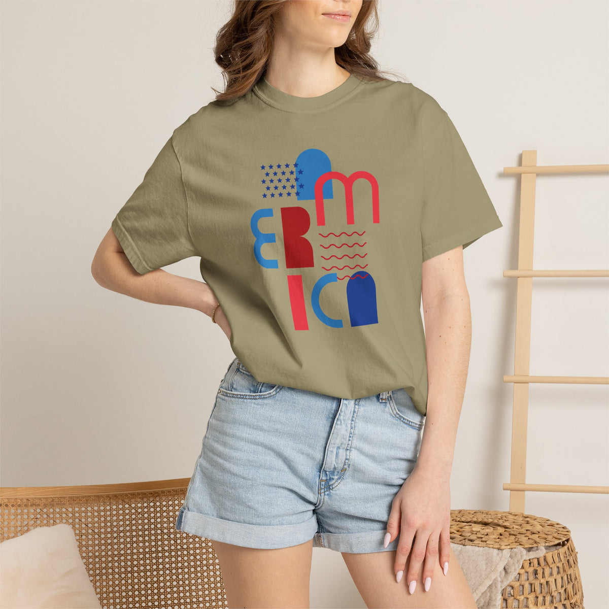 T-Shirt — Abstract 'America' Graphic Tee (Red & Blue Geometric Design)