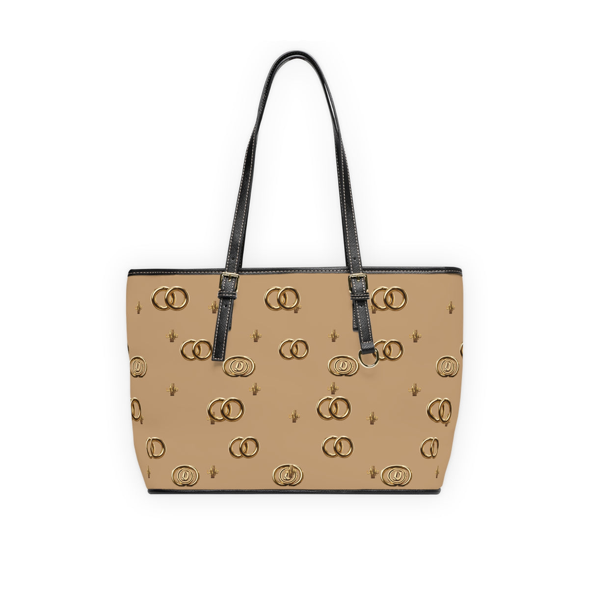 PU Leather Shoulder Bag — Beige Gold Emblem Tote