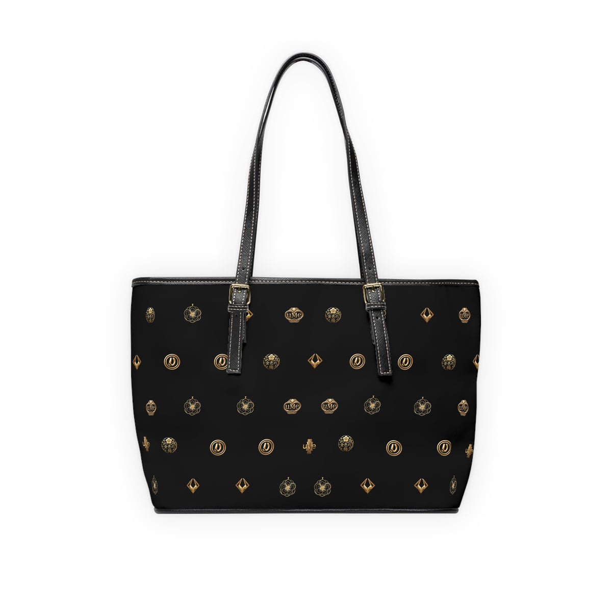 Black Monogram PU Leather Shoulder Bag — Gold Emblem Print Luxe Tote