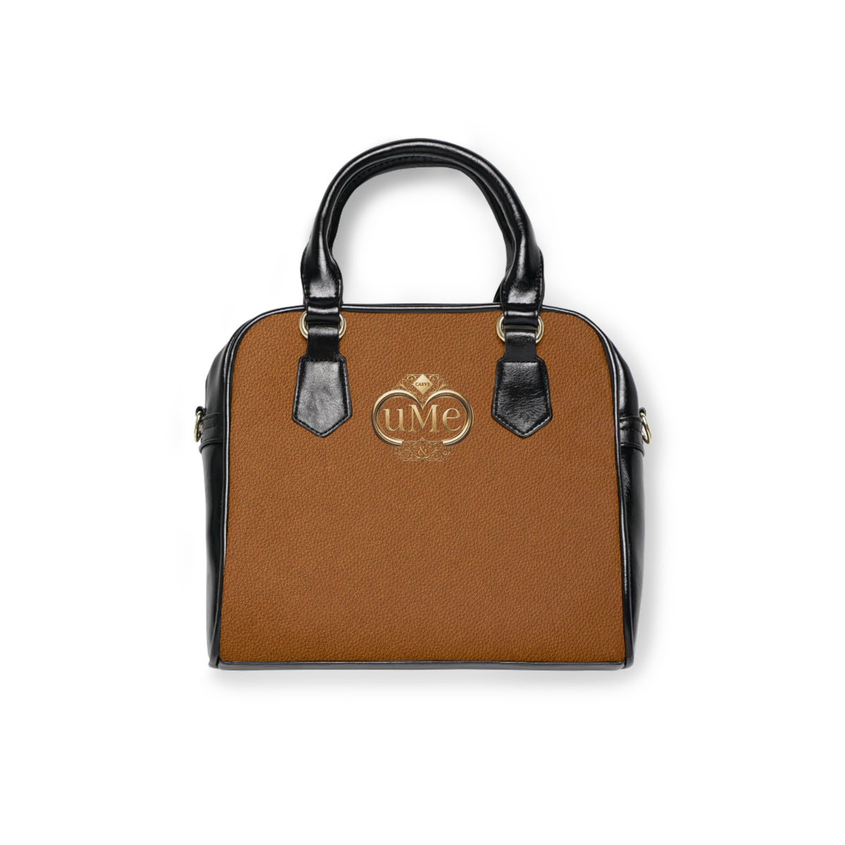 Brown Leatherette Shoulder Handbag with Gold Monogram Accent