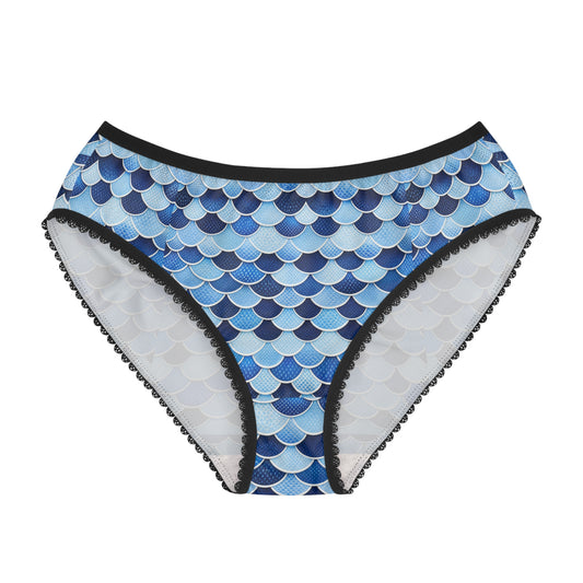 Blue Mermaid Scale Women’s Briefs — Ocean Print Lace Trim Underwear