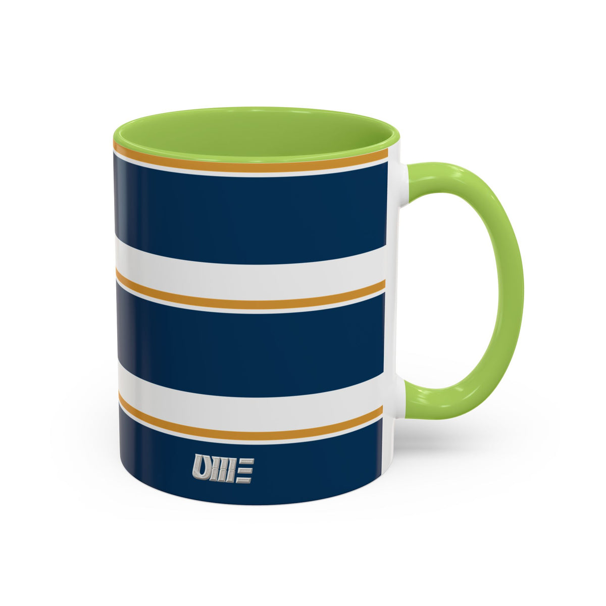 Navy and Gold Striped Accent Mug — White Ceramic