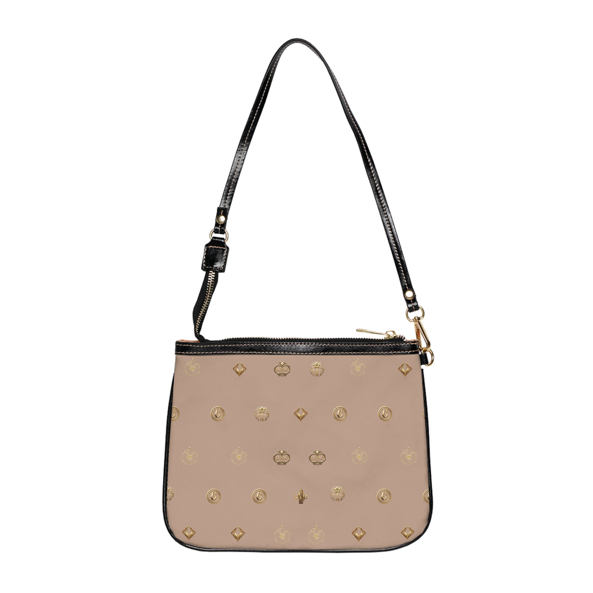Taupe Monogram Small Shoulder Bag – Gold Emblem Print PU Leather Purse