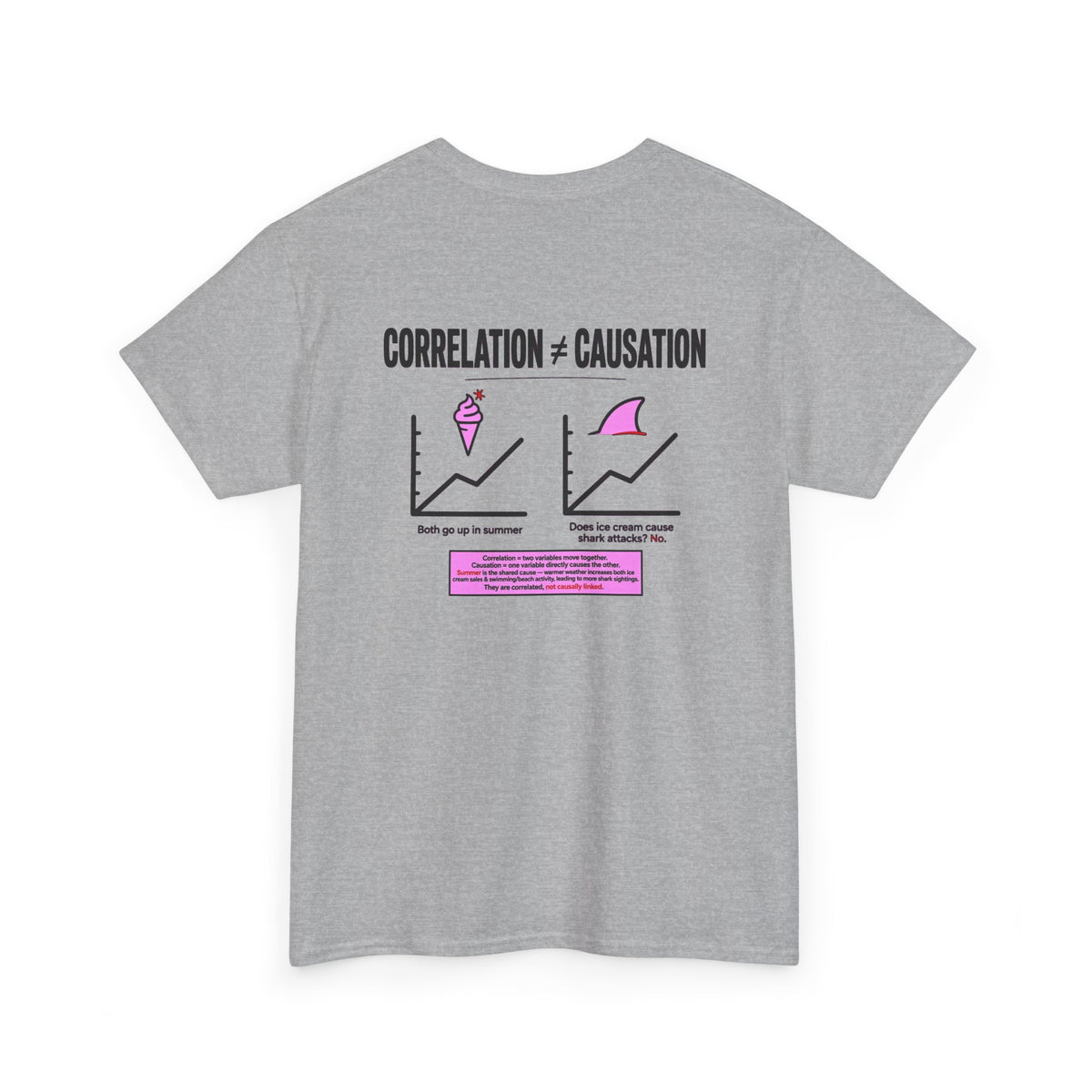 Correlation ≠ Causation Graphic Tee — White, Blue, Pink, Yellow & Neutral Bases